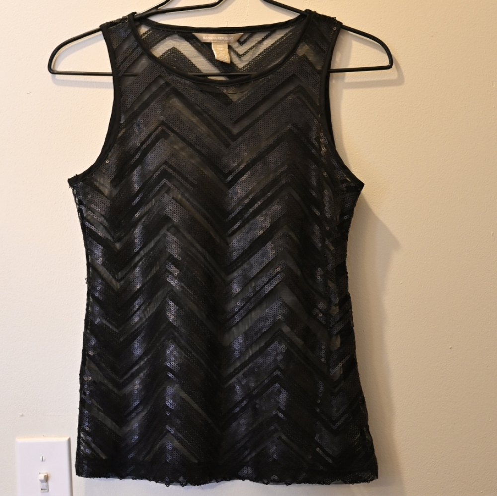 Banana Republic Black Chevron Pattern Sequin Shiny Sheer Tank Top 00P Glam Goth